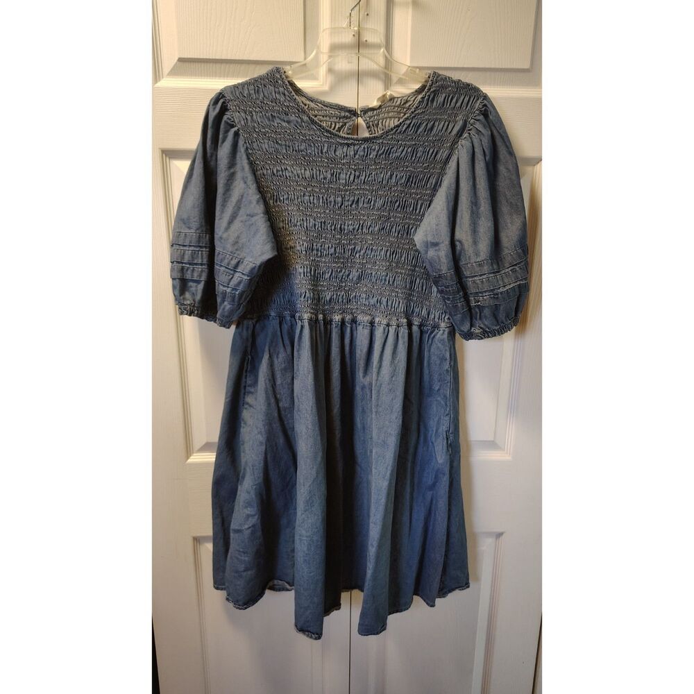 Terra & Sky Blue Denim Smocked Bodice Midi Peasant Dress Puff Sleeve Plus 2X